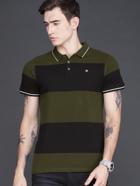 WROGN Men Olive Green & Black Striped Polo Collar T-shirt