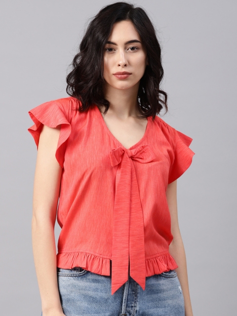 NUSH Women Coral Orange Solid Top
