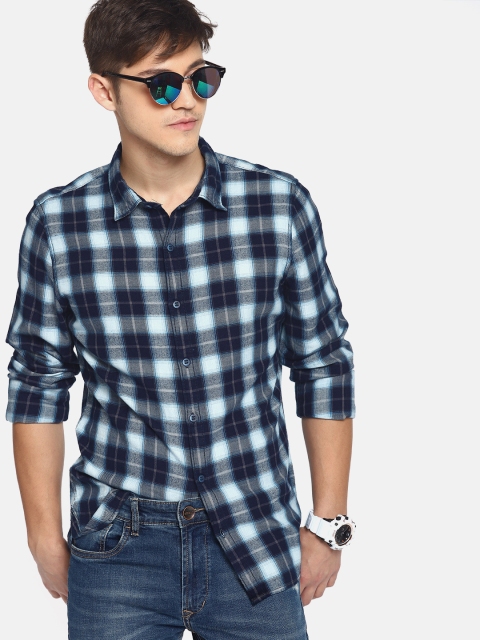 SINGLE Men Navy Slim Fit Checked Casual Shirt, Navy blue