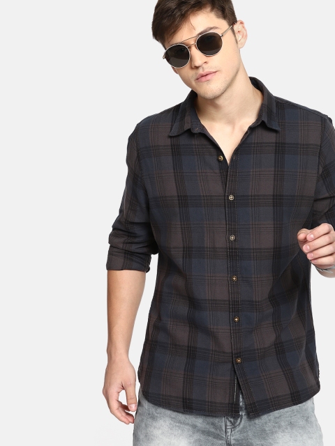 SINGLE Men Charcoal & Navy Slim Fit Checked Casual Shirt