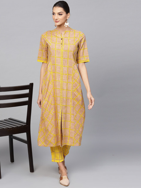 AKS Women Beige & Yellow Checked Kurta with Trousers
AKS Women Beige & Yellow Checked Kurta with Trousers