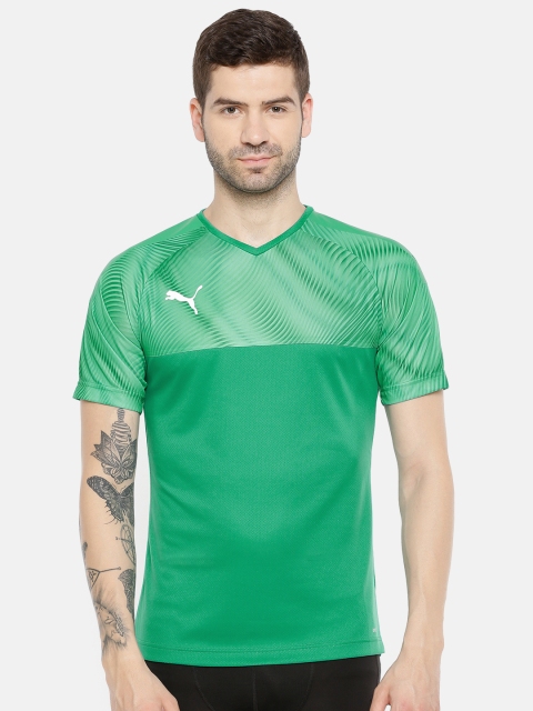 Puma Men Green Printed CUP Jersey Pepper dryCELL Slim Fit V-Neck T-shirt
