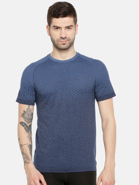 Puma Men Navy Blue Printed Evostripe Evoknit dryCELL Slim Fit Round Neck T-shirt