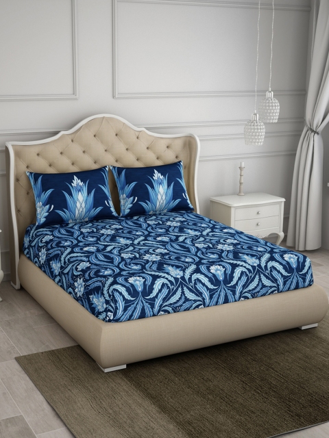 SPACES Blue Abstract 210 TC Cotton 1 King Bedsheet with 2 Pillow Covers