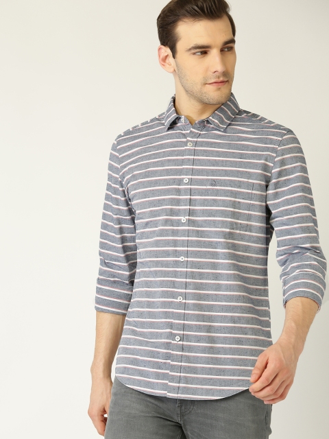 United Colors of Benetton Men Navy Blue & White Regular Fit Striped Casual Shirt