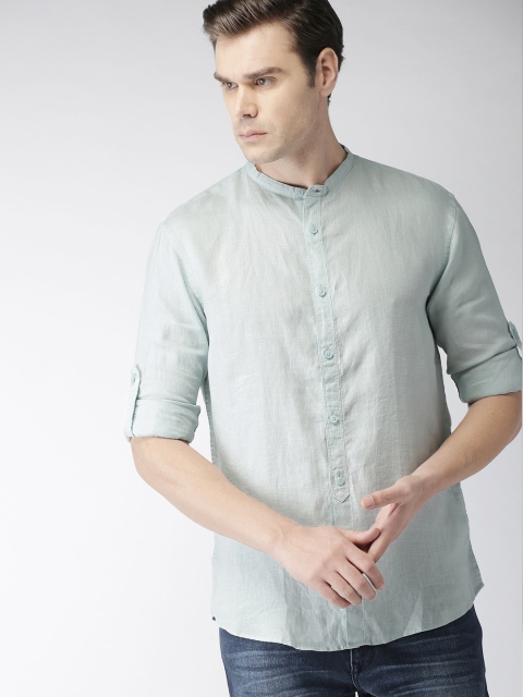 Celio Men Sea Green Regular Fit Solid Casual Pure Linen Sustainable Shirt