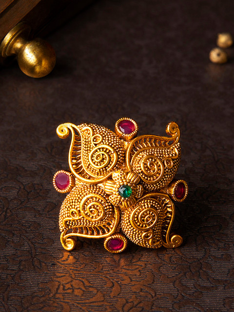 Rubans Antique Gold-Plated, Pink & Green Faux Ruby & Emerald Embellished Adjustable Cocktail Ring
Rubans Antique Gold-Plated, Pink & Green Faux Ruby & Emerald Embellished Adjustable Cocktail Ring
