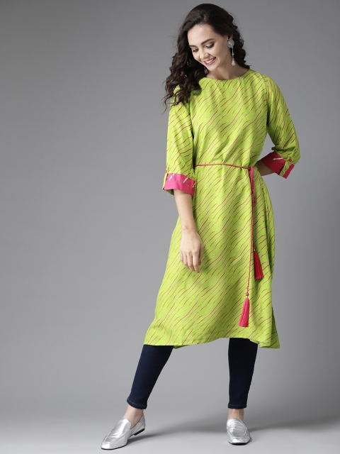 HERE&NOW Women Green & Pink Striped A-Line Kurta