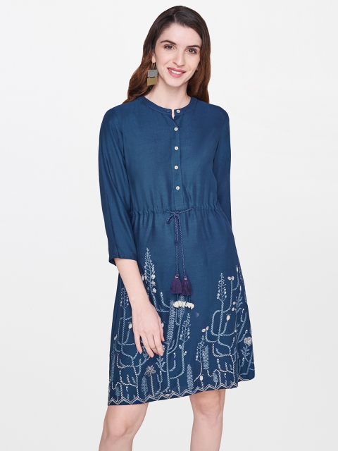 Global Desi Women Blue Printed A-Line Dress