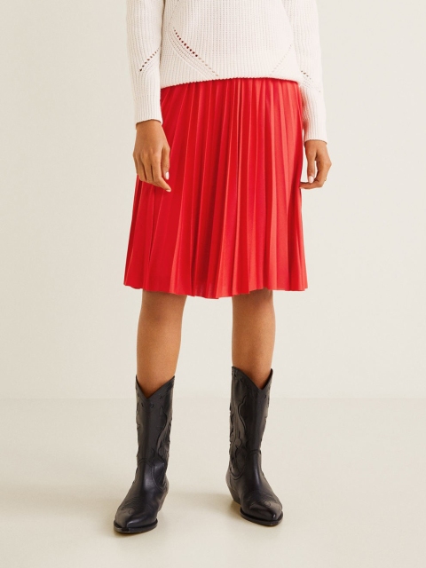 MANGO Women Red Solid Accordion Pleats A-Line Skirt