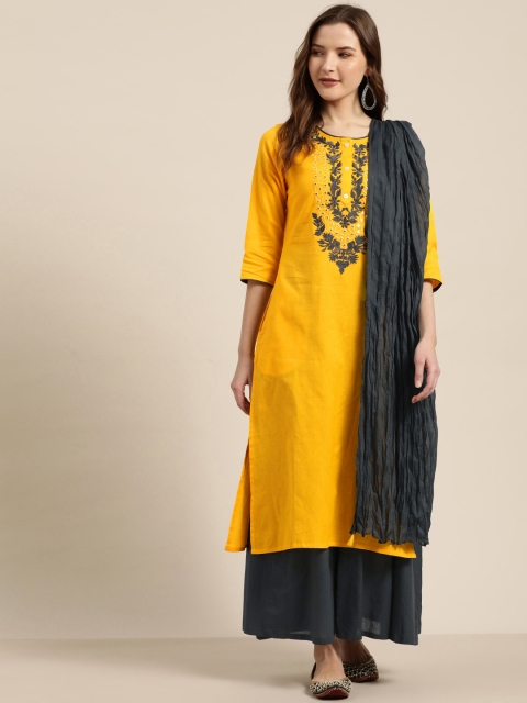 Sangria Women Yellow & Charcoal Grey Embroidered Yoke Design Kurta with Palazzos & Dupatta
Sangria Women Yellow & Charcoal Grey Embroidered Yoke Design Kurta with Palazzos & Dupatta