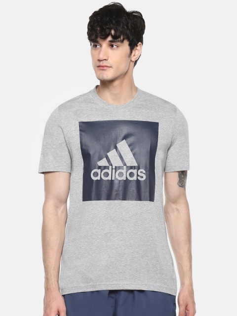 ADIDAS Men Grey Melange & Navy Blue ESS Biglogo Print Round Neck Training T-shirt