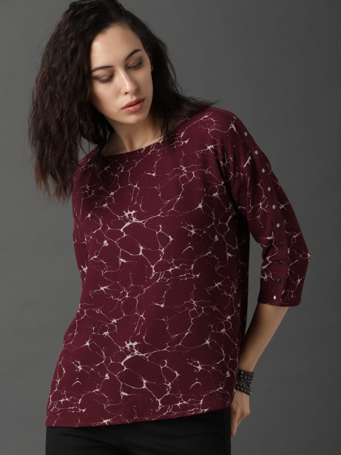 Roadster Women Burgundy Printed Top With Stud Detail