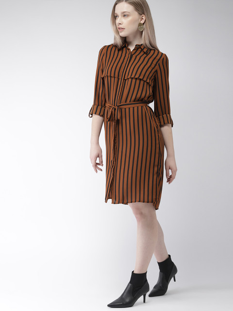 FOREVER 21 Women Brown & Black Striped Shirt Dress 
FOREVER 21 Women Brown & Black Striped Shirt Dress