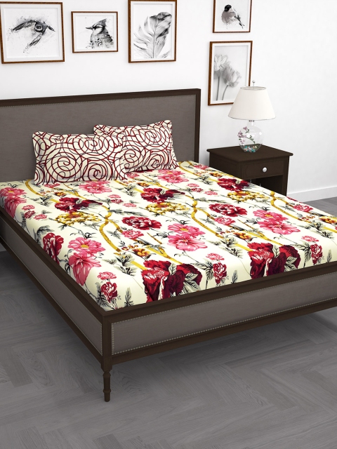 Story@home Maroon Floral 250 TC Cotton 1 Double Bedsheet with 2 Pillow Covers