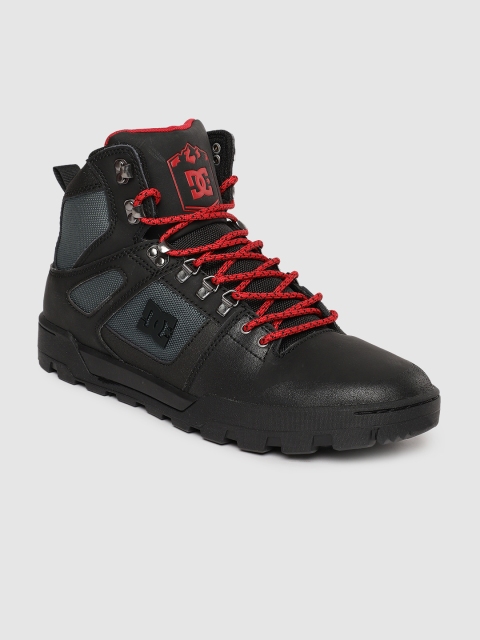 DC Men Black Solid Leather Mid-Top Flat Boots