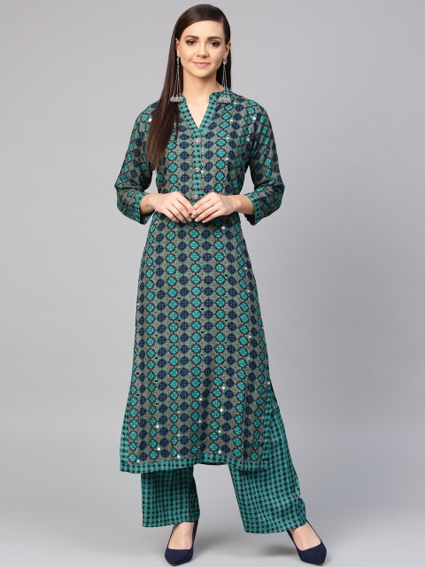 ANAISA Women Green & Navy Blue Embroidered Kurta with Palazzos