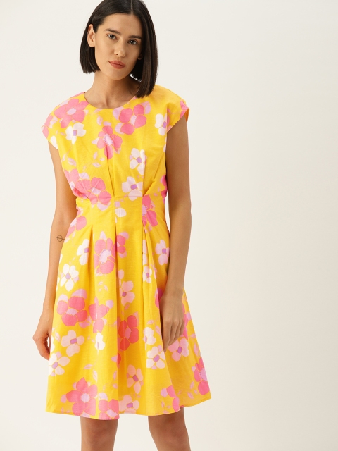 United Colors of Benetton Women Yellow Printed Fit and Flare Dress