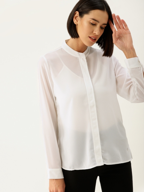 United Colors of Benetton Women White Semi-Sheer Regular Fit Solid Casual Shirt