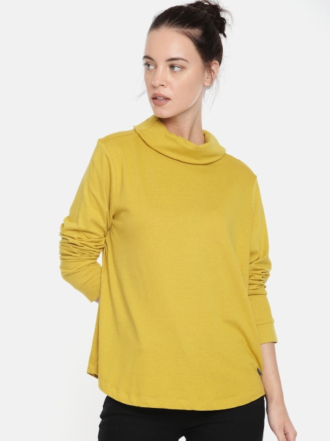 Roadster Women Mustard Yellow Solid Cowl Neck Boxy T-shirt