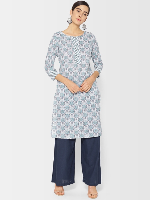 Fabindia Women White & Green Printed Straight Kurta