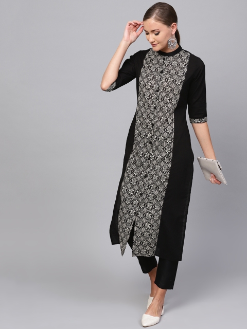 Indo Era Women Black & Off-White Printed Straight Kurta