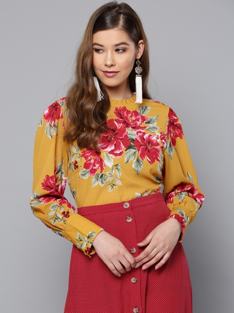 Harpa Women Mustard Yellow & Pink Printed Top