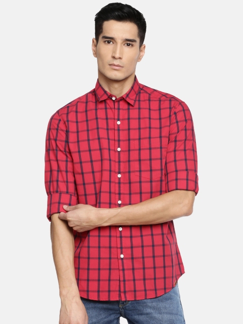 John Players Men Red & Navy Blue Trim Fit Checked Casual Shirt