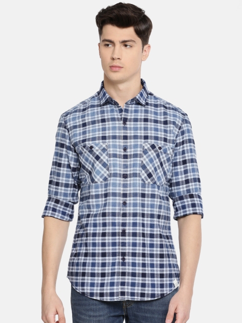 John Players Men Blue Trim Fit Checked Casual Shirt