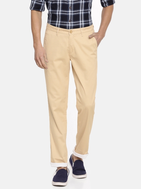 John Players Men Beige Slim Fit Solid Trousers