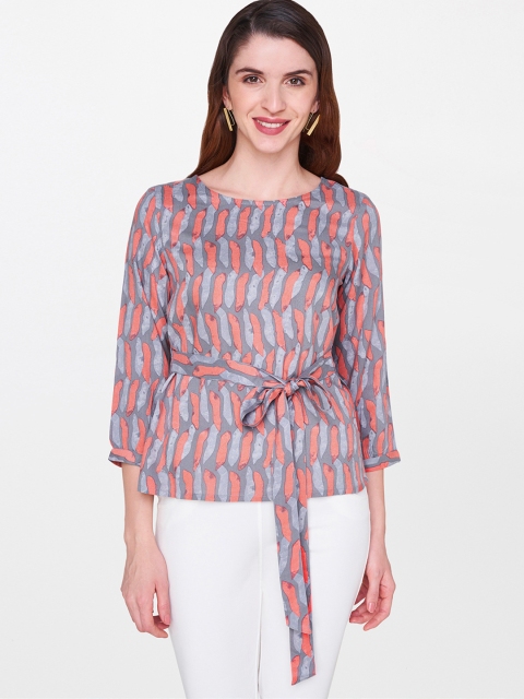 Global Desi Women Grey & Pink Printed Top