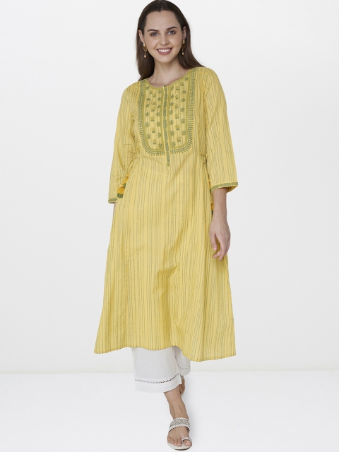 Global Desi Women Yellow Striped A-Line Kurta