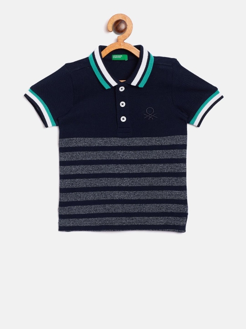 United Colors of Benetton Boys Navy Blue & Grey Striped Polo Collar T-shirt