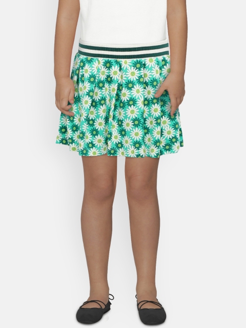 United Colors of Benetton Girls Green & White Printed Flared Pure Cotton Skirt