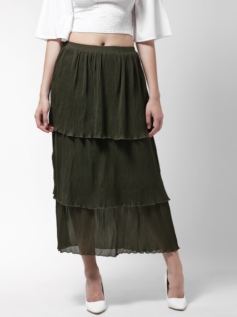 Madame Women Olive Green Accordion Pleat Maxi Tiered Skirt