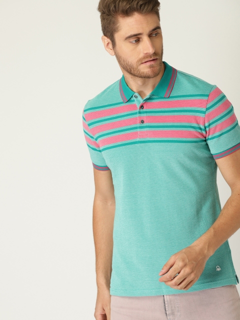 United Colors of Benetton Men Green Striped Detail Polo Collar T-shirt
