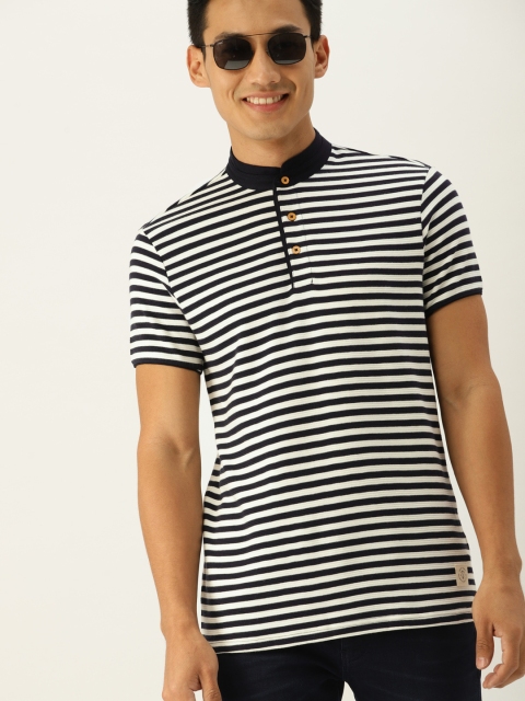 United Colors of Benetton Men Navy Blue & White Striped Mandarin Collar T-shirt