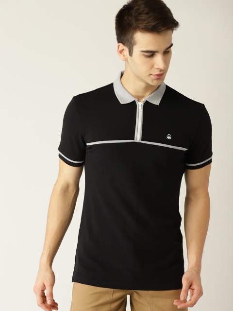 United Colors of Benetton Men Black Solid Polo Collar T-shirt