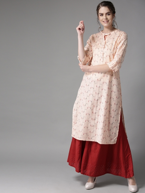 HERE&NOW Women Peach-Coloured & Black Printed Straight Kurta