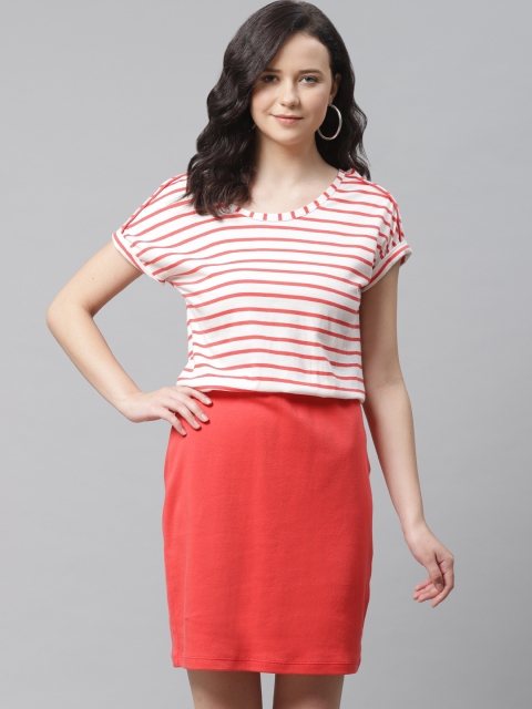 Marks & Spencer Women White & Red Striped Blouson Dress