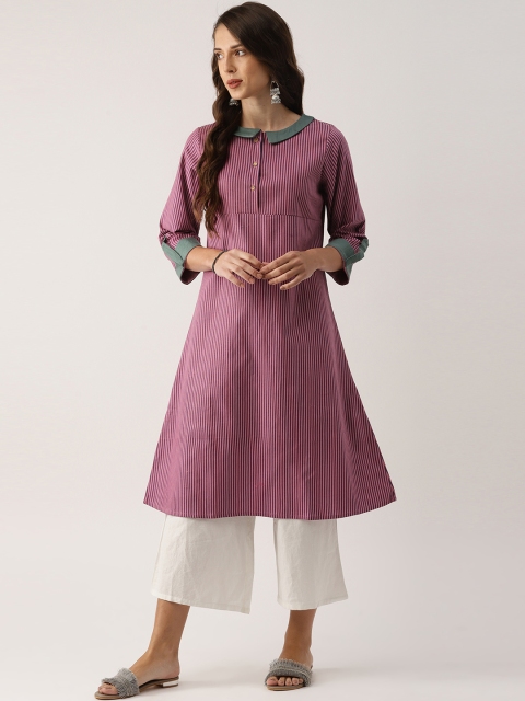 IndusDiva Women Pink & Blue Striped A-Line Khadi Kurta