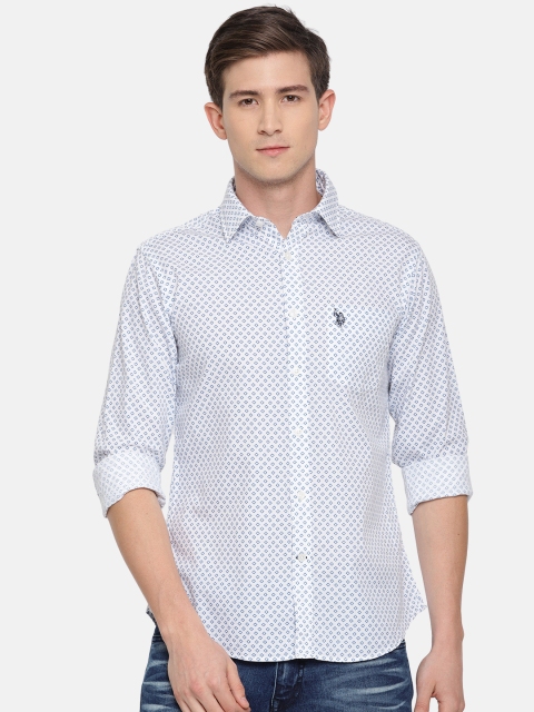 U.S. Polo Assn. Men White & Blue Tailored Fit Printed Casual Shirt