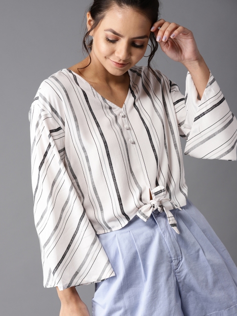 HERE&NOW Women White & Black Striped Top
