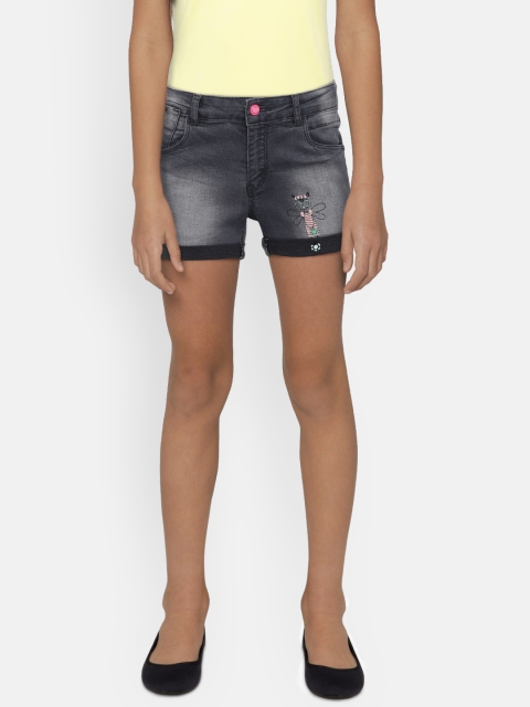 Palm Tree Girls Grey Solid Regular Fit Denim Shorts