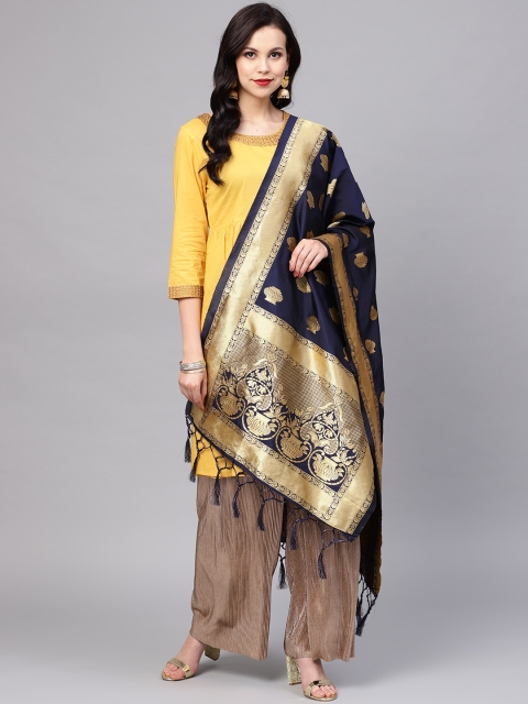 SUTRAM Navy Blue & Golden ZariWoven Design Dupatta