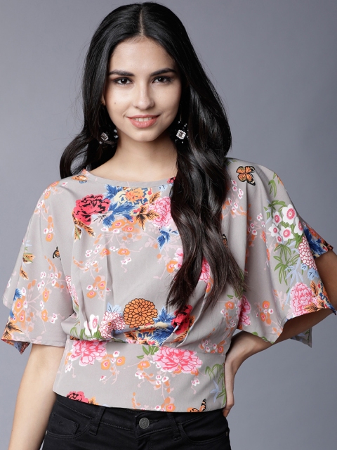 Tokyo Talkies Women Grey Printed Blouson Top