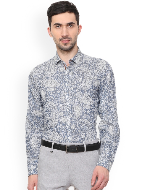 V Dot Men Grey & White Slim Fit Printed Formal Shirt