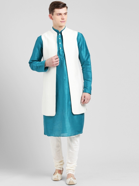 naKISAH Men Teal Blue & White Sherwani Set
