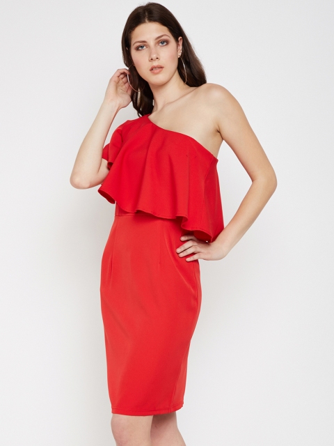 Nun Women Red Solid One Shoulder Sheath Dress