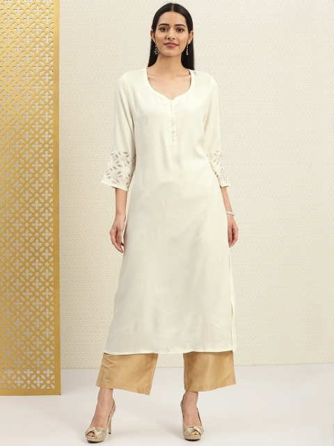 House of Pataudi Women Off-White Solid A-Line Kurta